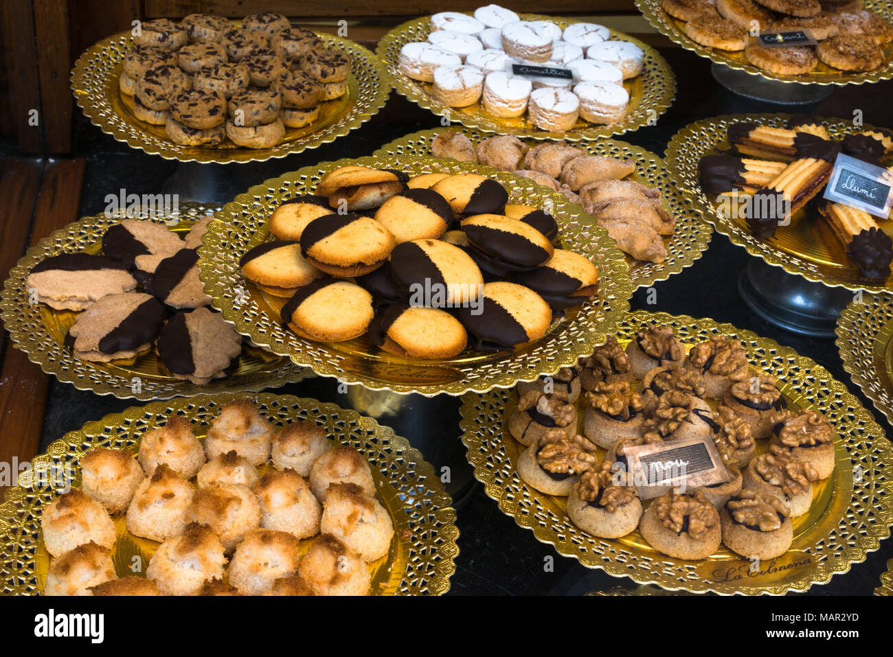 Trays of Spanish pastries, La Colmena bakery and confectionery shop