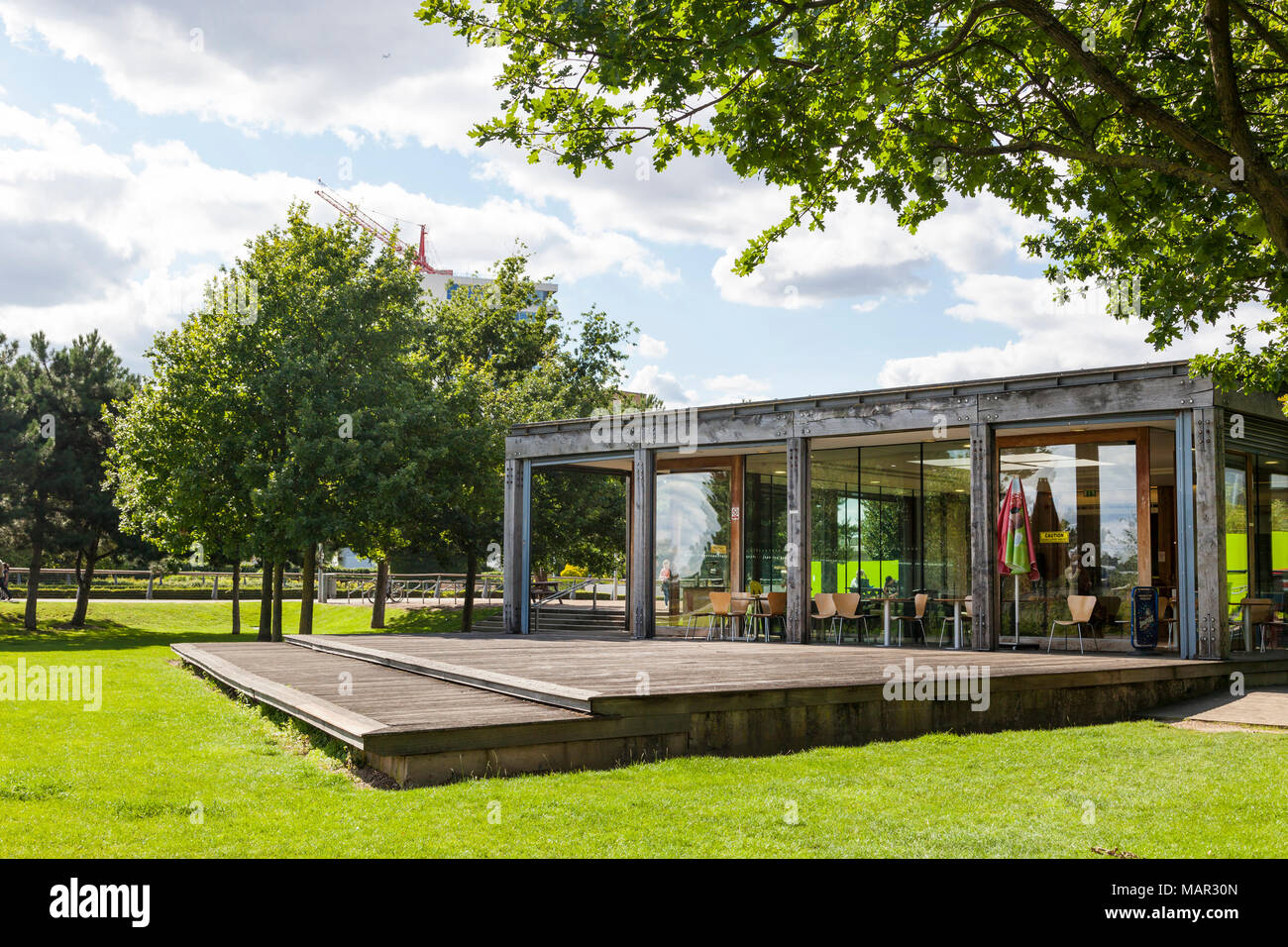 Thames Barrier Park cafe, London, UK Stock Photo