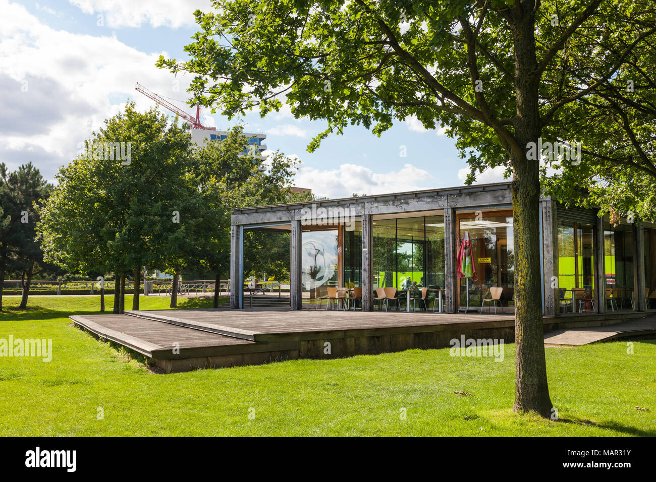 Thames Barrier Park cafe, London, UK Stock Photo