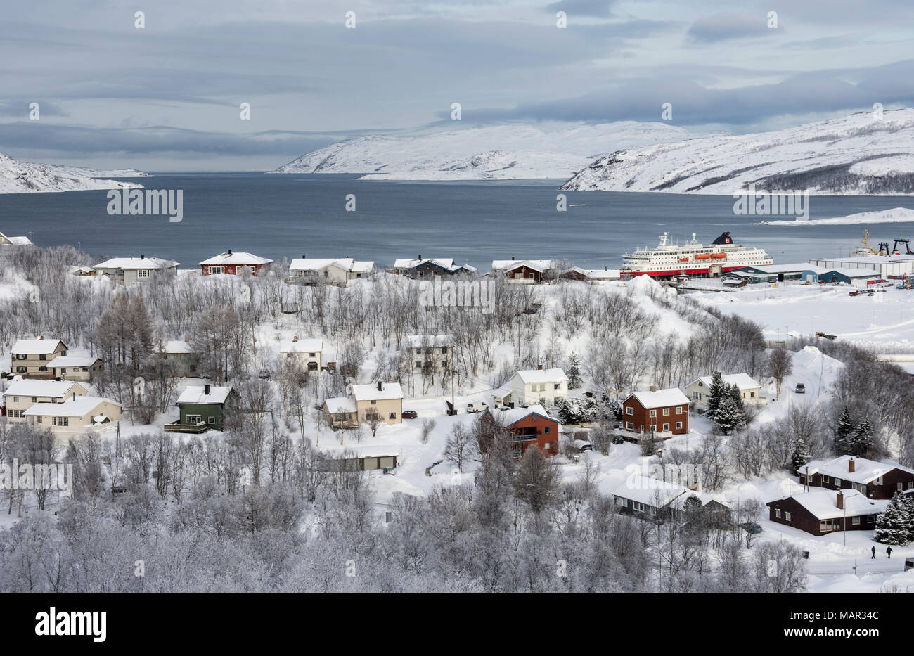 Northern terminus of Hurtigruten ferry, Kirkenes, Arctic, Norway, Scandinavia, Europe Stock Photo