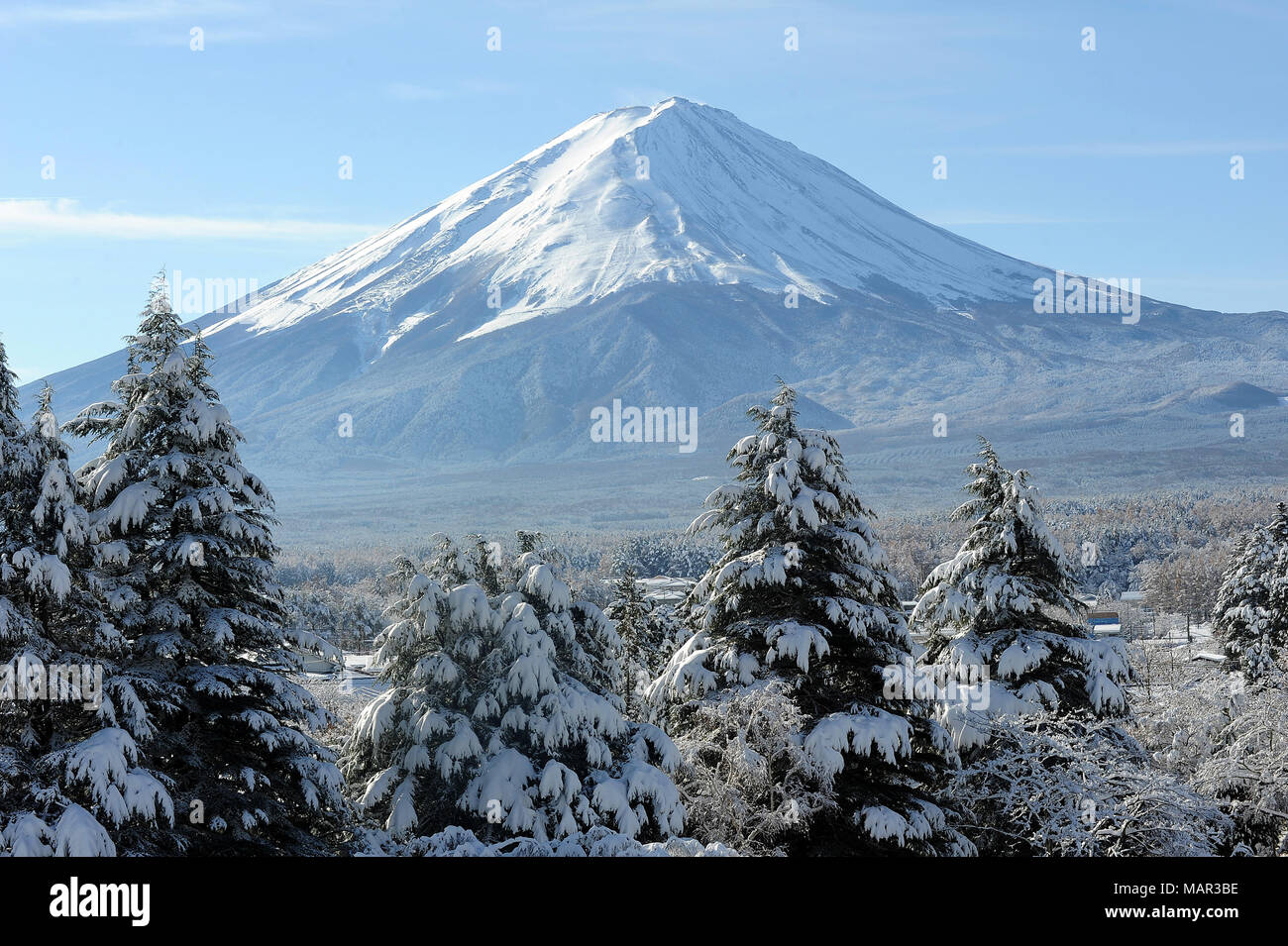 View of Mount Fuji, UNESCO World Heritage Site, in the early morning after a heavy fall of snow, Fujikawaguchiko, Japan, Asia Stock Photo