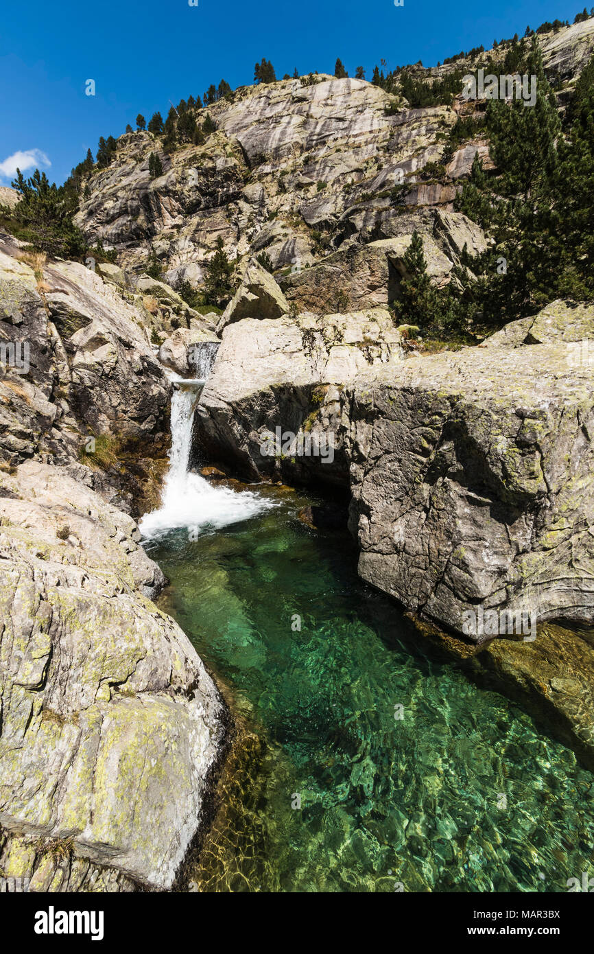 Crystal clear waterfall pool in the Rio Caldares valley north of Banos de  Panticosa, Panticosa, Pyrenees, Huesca Province, Spain, Europe Stock Photo  - Alamy