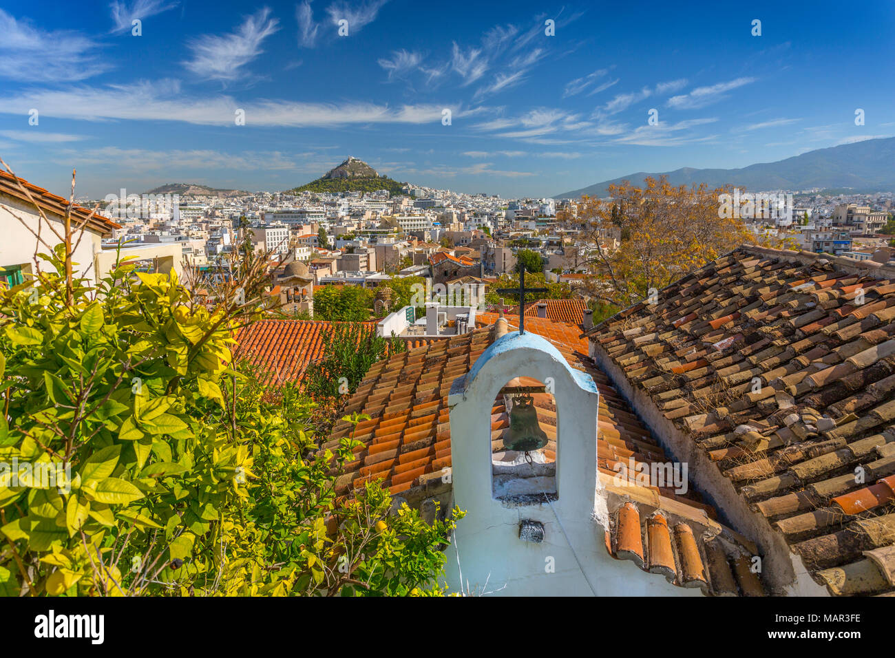 View of Athens and Likavitos Hill over the rooftops of the Plaka