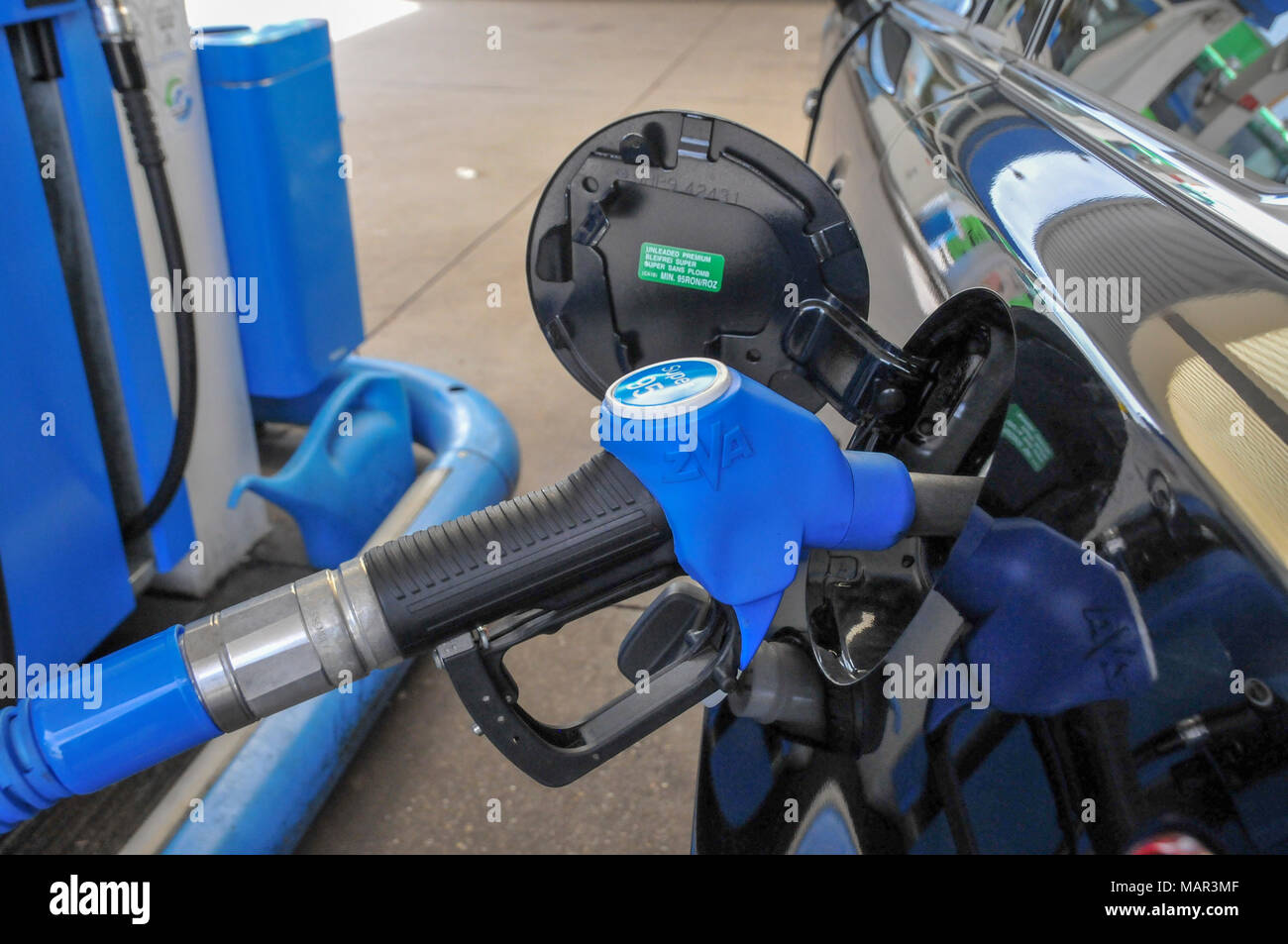 Petrol Station car is refuelled with unleaded super 95 petrol. Photographed in Germany Stock Photo