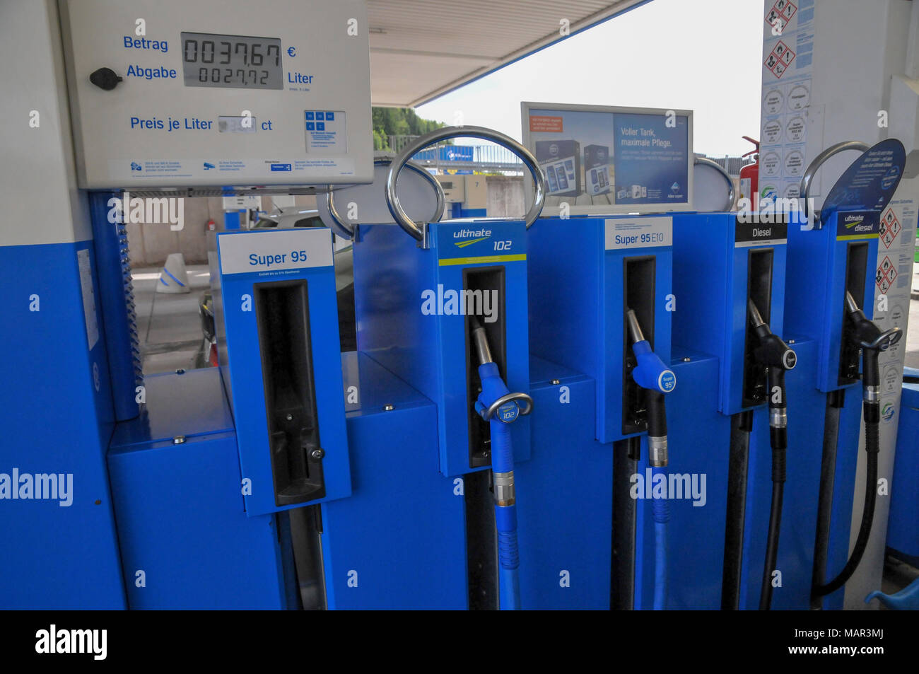 Petrol Station car is refuelled with unleaded super 95 petrol. Photographed in Germany Stock Photo