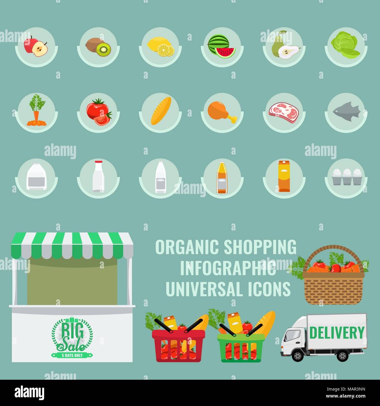 Organic Fruits and vegetables icons with solid flat color Stock Vector ...