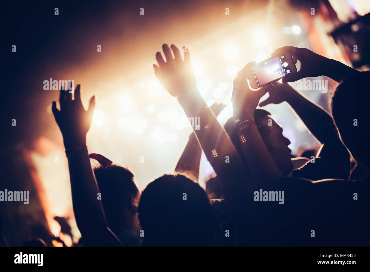 Cheering crowd with hands in air at music festival Stock Photo - Alamy