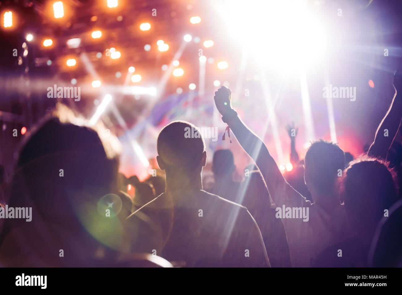 Cheering crowd with hands in air at music festival Stock Photo - Alamy
