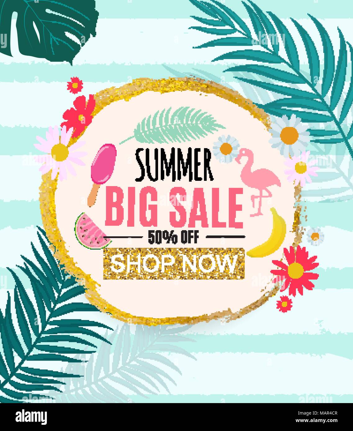 Summer Sale Abstract Banner Background with Palm Leaves Vector ...