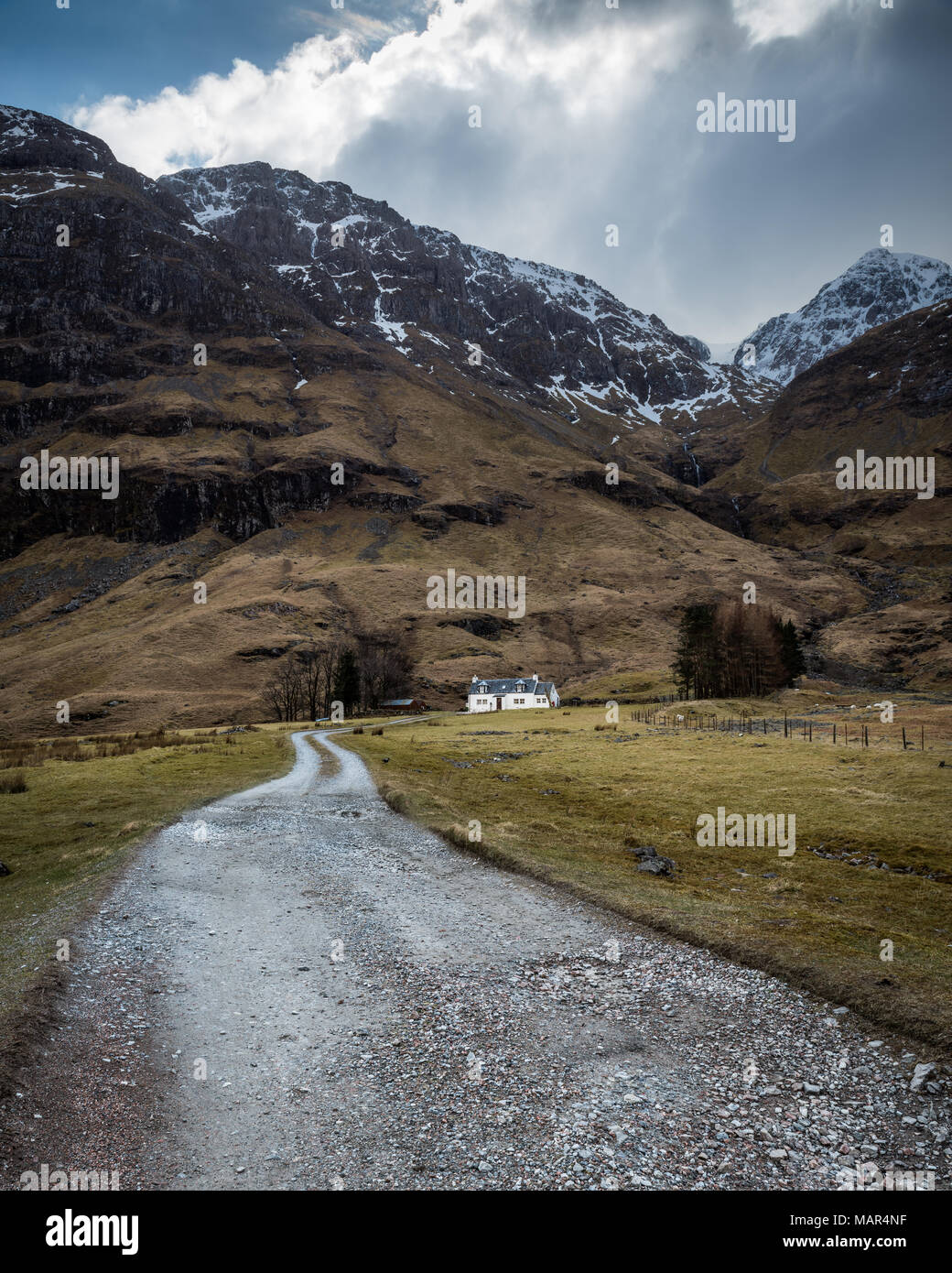 Track leading to Achnambeithach Cottage with Stob Coire nam Beith in the background, Glencoe, Highlands, Scotland Stock Photo