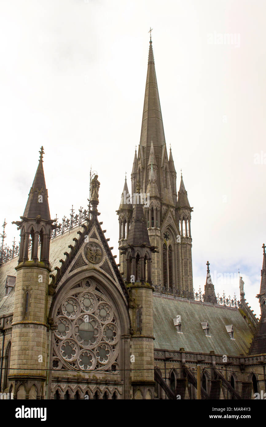 The rooftop, colums and towers of the gothic style St Colmans Roman Catholic Cathedral in the town of Cobh in County Cork ireland Stock Photo