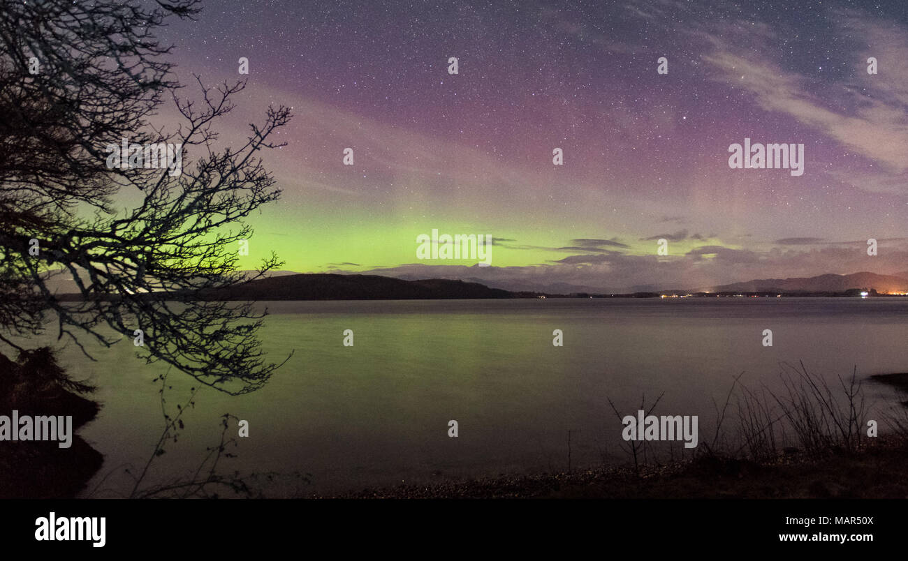 Northern Lights viewed at Ganavan Sands near Oban on the West Coast of Scotland in November 2017 Stock Photo