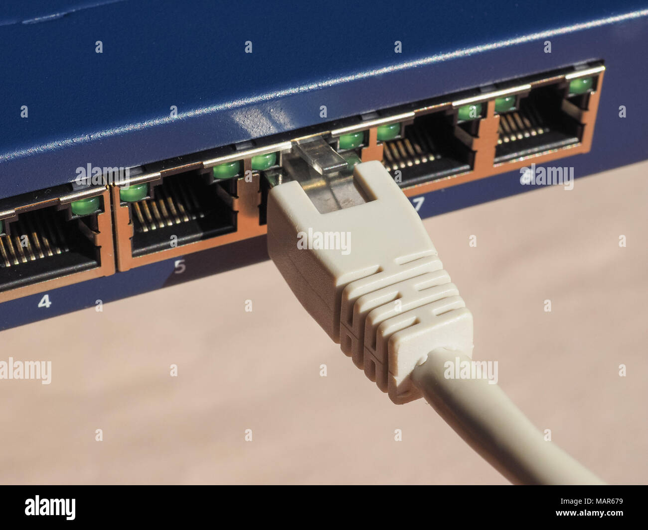 Modem router switch with ports for RJ45 plug in LAN local area network connection Stock