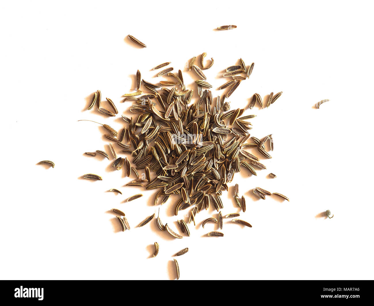 Black Cumin (Bunium bulbocastanum) aka caraway seeds over white background Stock Photo