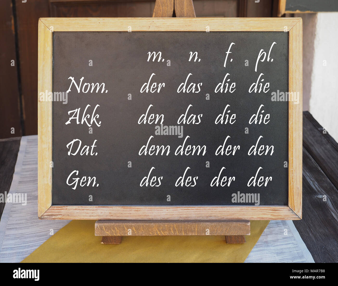 Learning German: the Definite Article in every case (nominative, accusative, dative, genitive) and genre (masculine, neuter, feminine) and plural writ Stock Photo