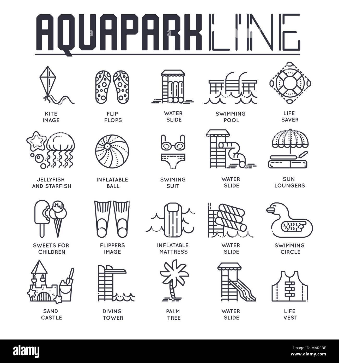 Set of different line-drawn icons dedicated to aquapark theme. Layout modern vector background illustration design concept Stock Vector