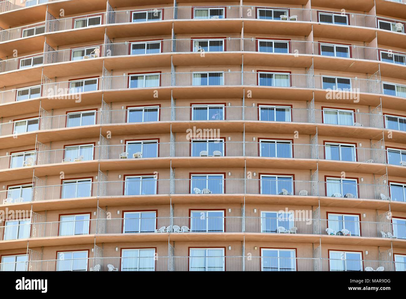 View of hotel rooms from the exterior of a beach hotel, Ocean City, Maryland, USA Stock Photo