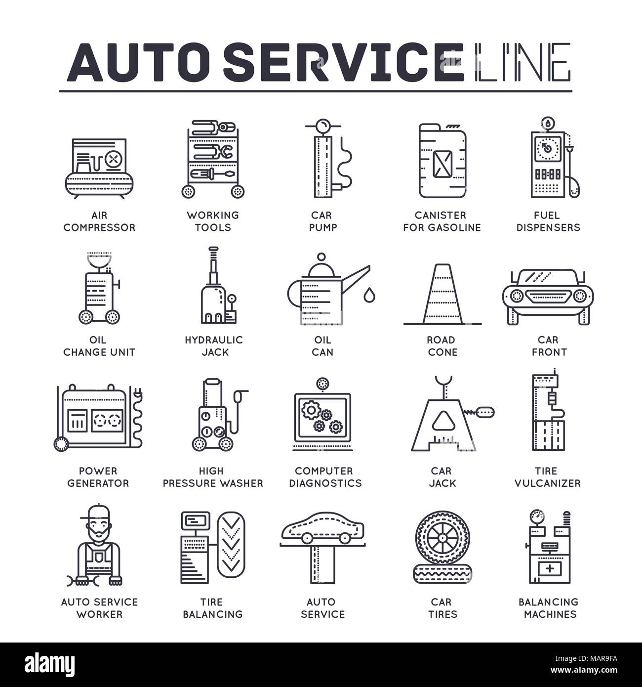 auto service concept. Thin line icons with flat background design. Worker mechanic  repair a car on the garage. Vehicle station with workshop tools Stock Vector  Image & Art - Alamy