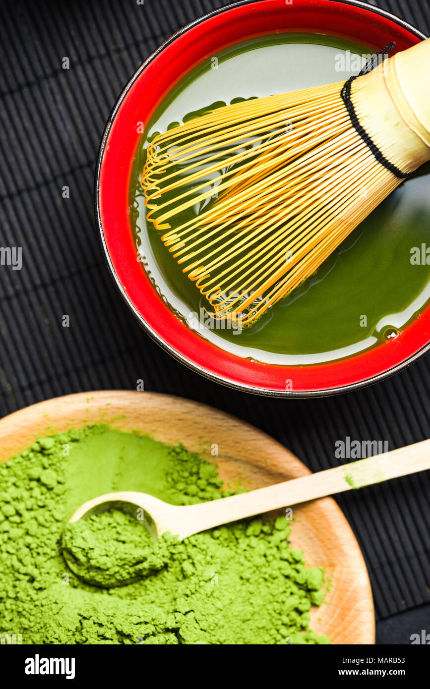 Green matcha tea preparation steps Stock Photo Alamy