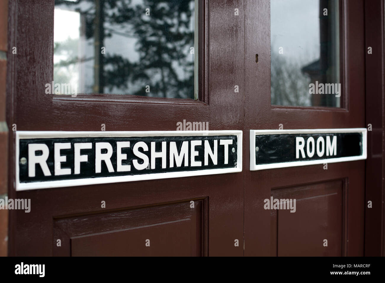 Refreshment Room door, Broadway railway station, Gloucestershire and Warwickshire Steam Railway, Worcestershire, UK Stock Photo