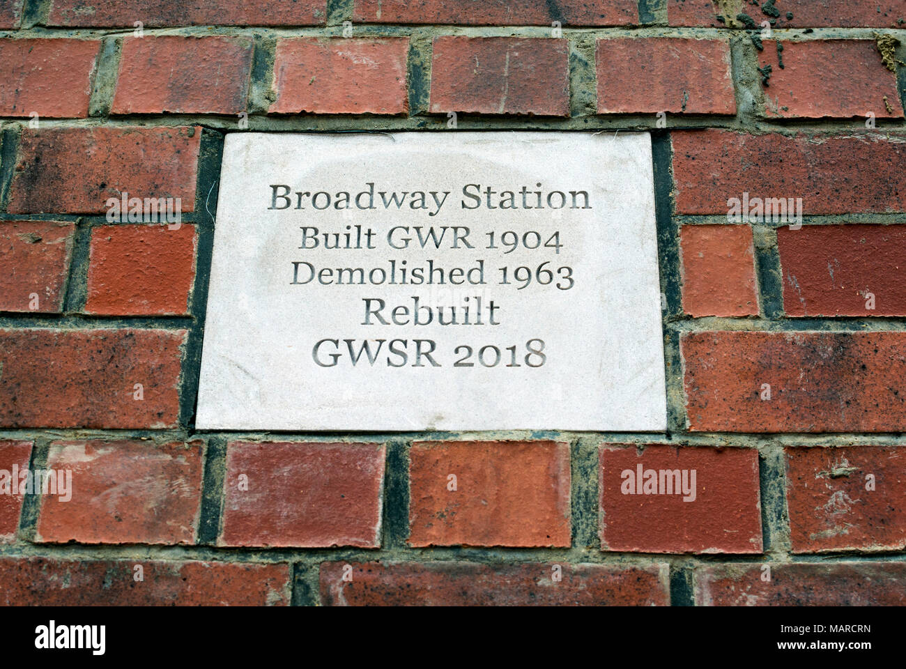 Broadway railway station plaque, Gloucestershire and Warwickshire Steam Railway, Broadway, Worcestershire, UK Stock Photo