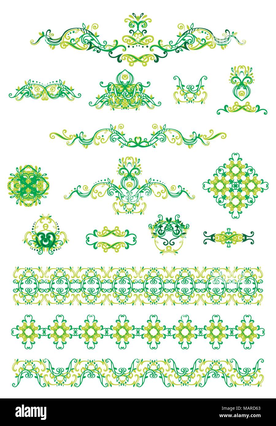 Vector set of line art frames and borders for design template. Element in Eastern and spring style. Green outline floral frames. Mono line decor for i Stock Vector