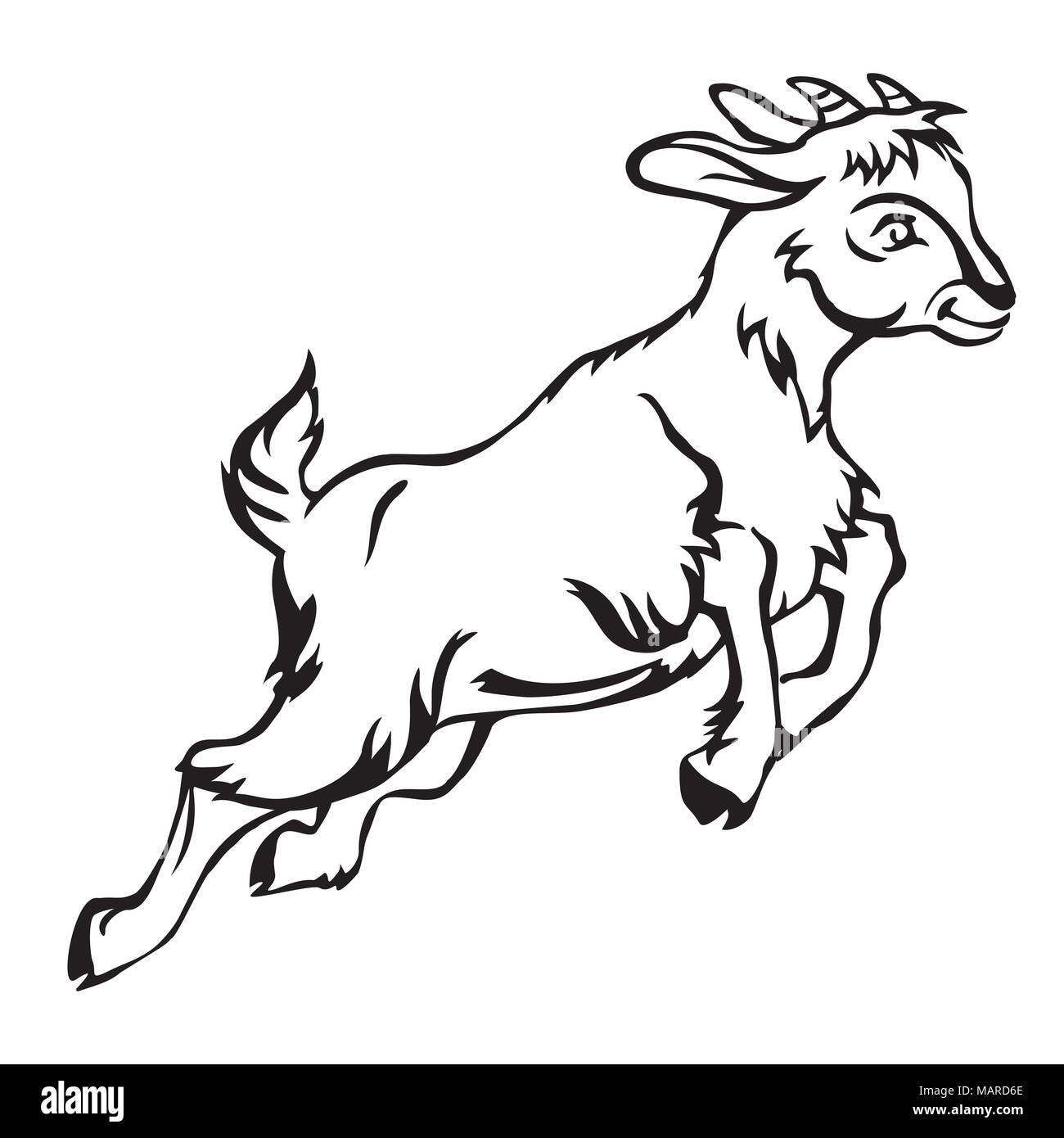 Decorative jumping funny cartoon goat kid. Monochrome vector illustration  in black color isolated on white background Stock Vector Image & Art - Alamy
