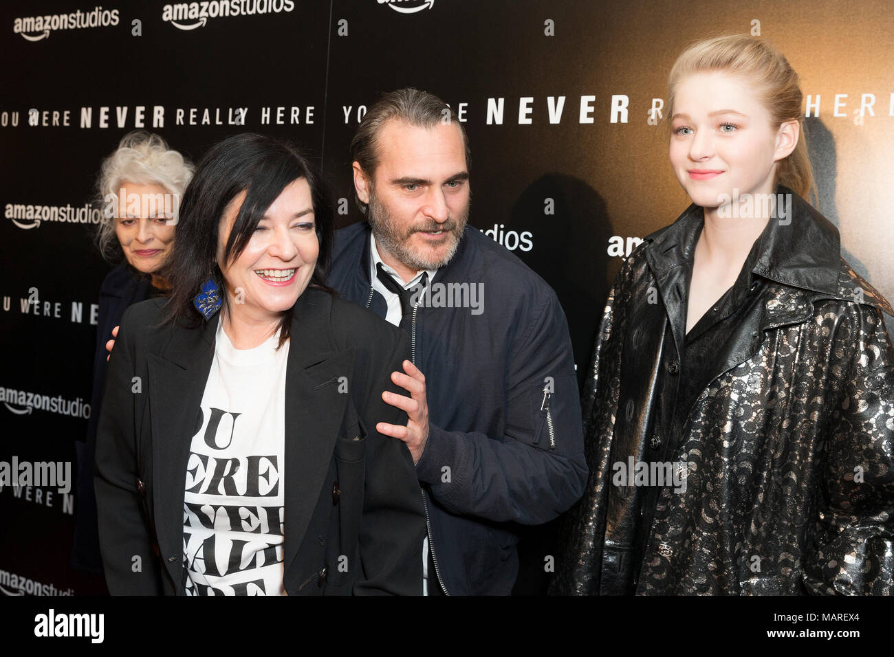 New York, United States. 03rd Apr, 2018. Judith Roberts, Lynne Ramsey, Joaquin Phoenix, Ekaterina Samsonov attend the New York special screening of Amazon Studios You Were Never Really Here at Metrograph Credit: Lev Radin/Pacific Press/Alamy Live News Stock Photo