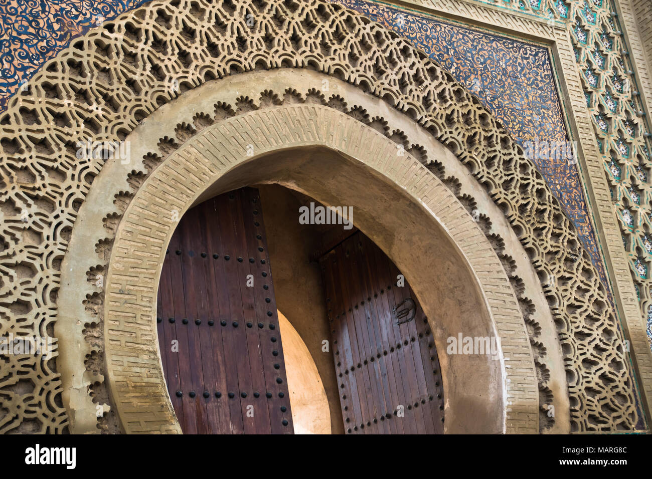 Detail of Bab Mansour Gate at El Hedime square, decorated with mosaic ceramic tiles, in Meknes, Morocco Stock Photo