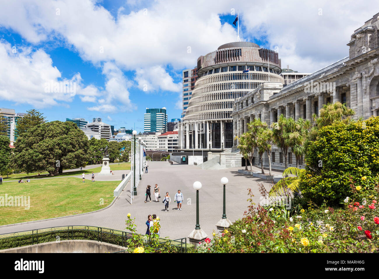 new zealand parliament wellington new zealand The Beehive by Sir Basil Spence  new zealand government buildings Wellington North Island new zealand nz Stock Photo