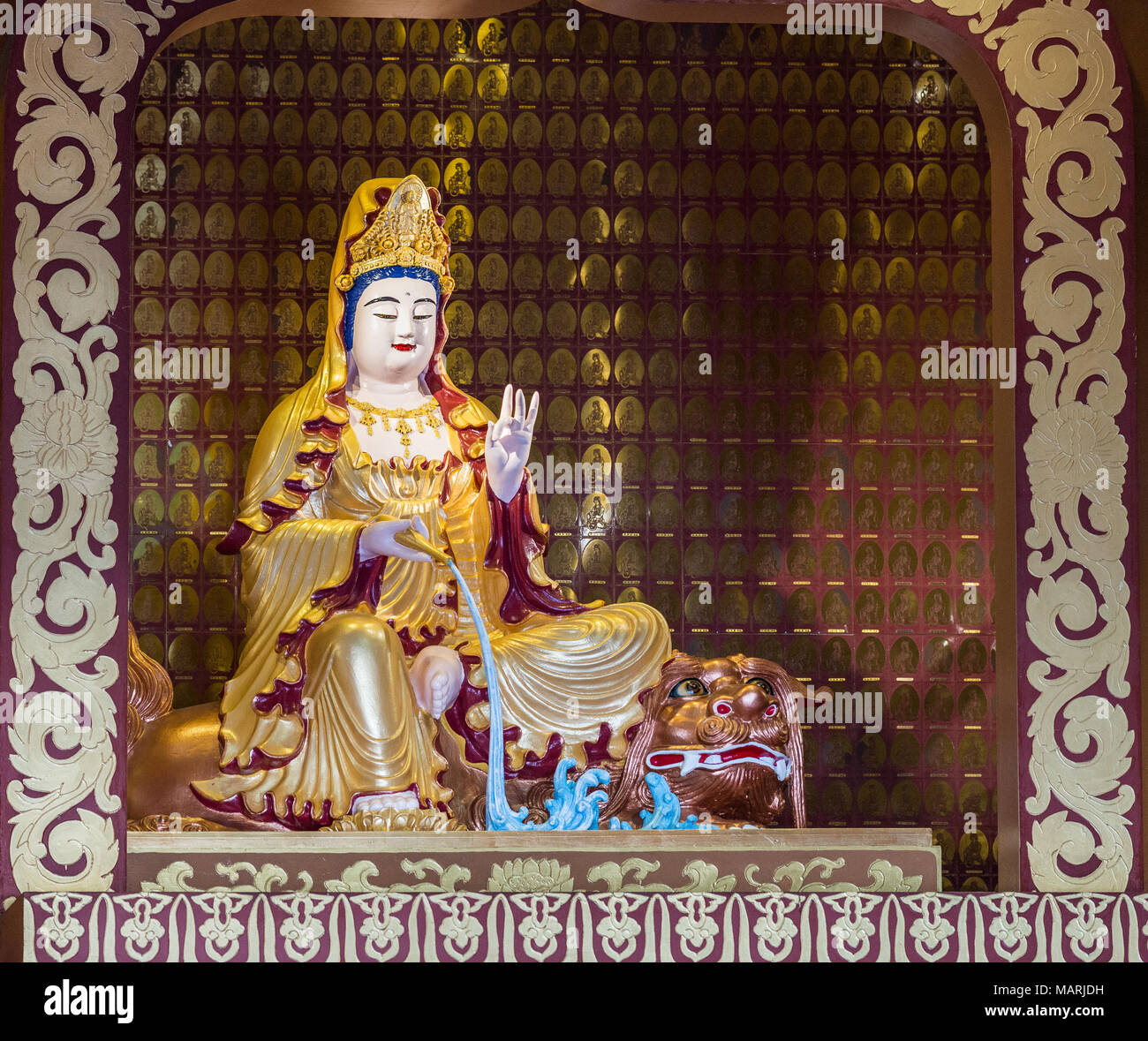 Hacienda Heights, CA, USA - March 23, 2018: Closeup of Avolokitesvara Bodhisattva at Hall of bodhisattvas at Hsi Lai Buddhist Temple. Decorative frame Stock Photo