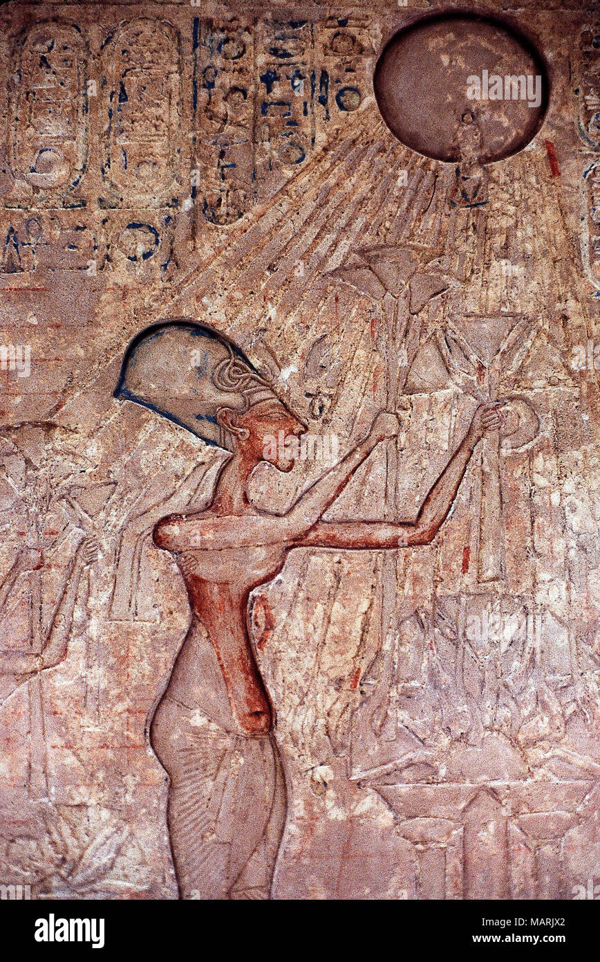 Wall panel showing Akenaten offering to Theaten, Grand Egyptian Museum,Giza Stock Photo