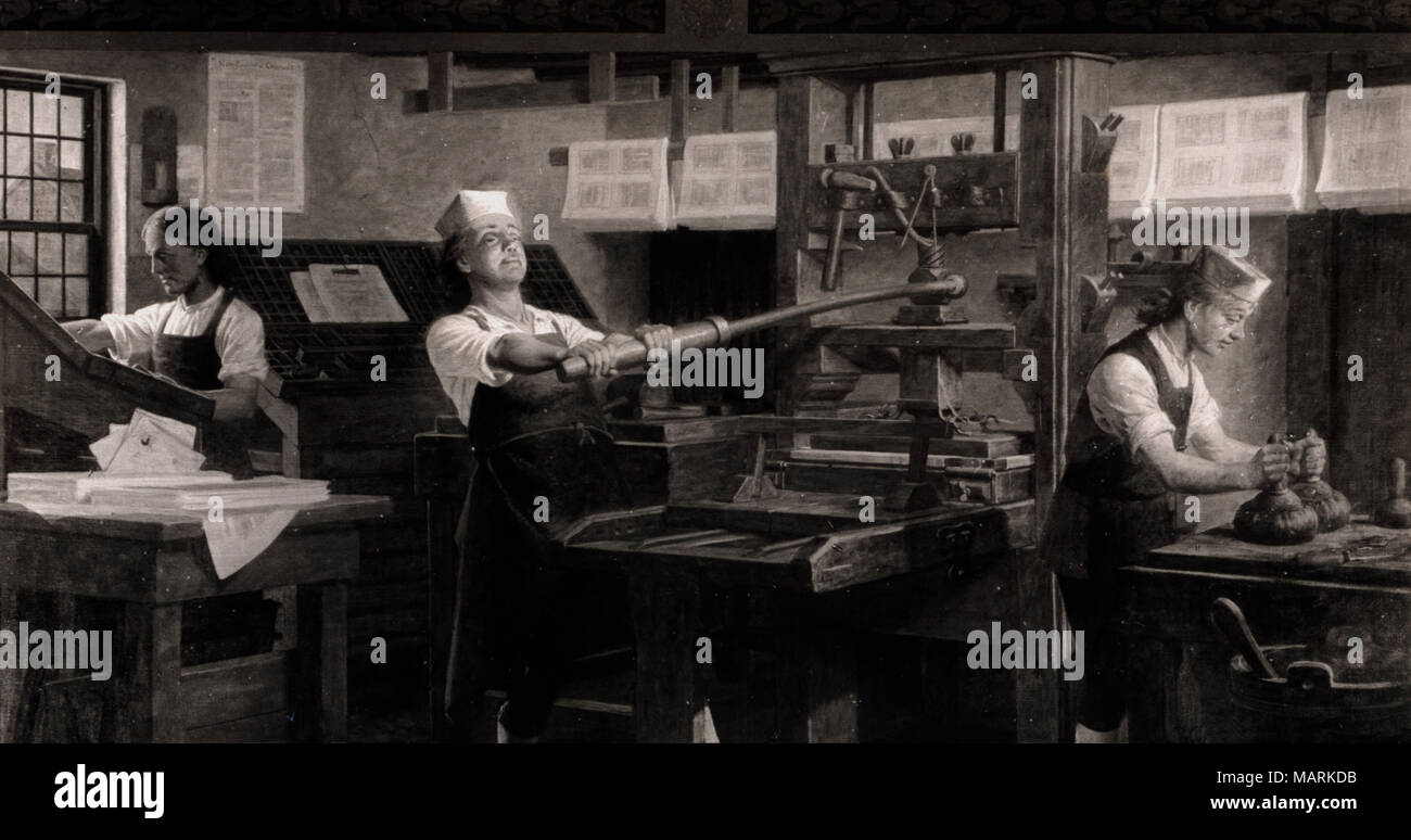 Benjamin Franklin at work on a printing press. Stock Photo