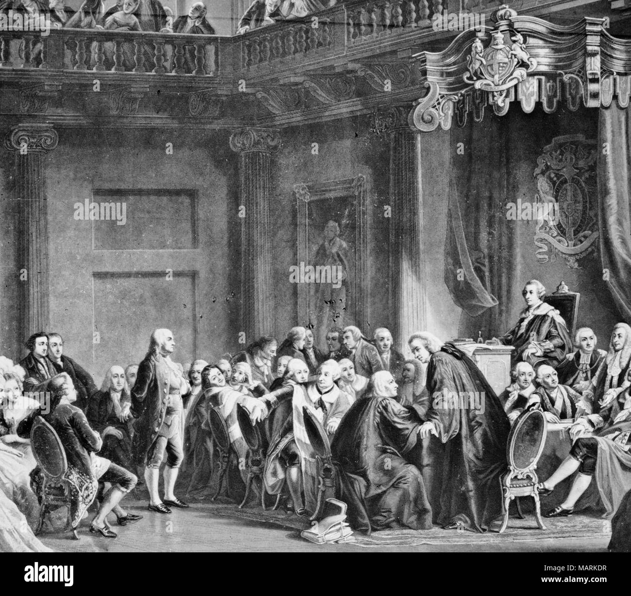 Benjamin Franklin at the Court of St. James; Image depicts the session of the Privy Council in which Franklin is harangued for his role in the Hutchinson Letters Affair in 1774. Franklin leaves England not long after, committed to American independence. Stock Photo