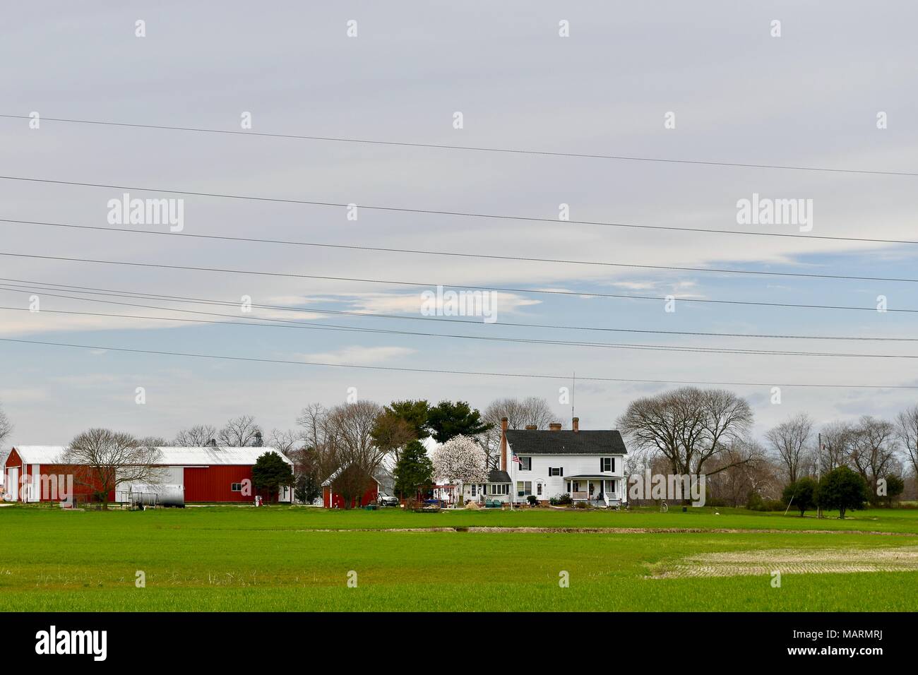 Farm landscape with a red barn and a white farm house in Maryland, USA ...