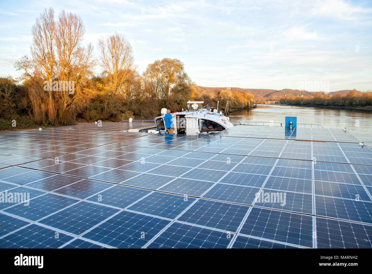 Trip on the Seine river with the Planet Solar yacht  between Rouen and the D'Amfreville lock. The MS Tûranor PlanetSolar is currently the largest sola Stock Photo