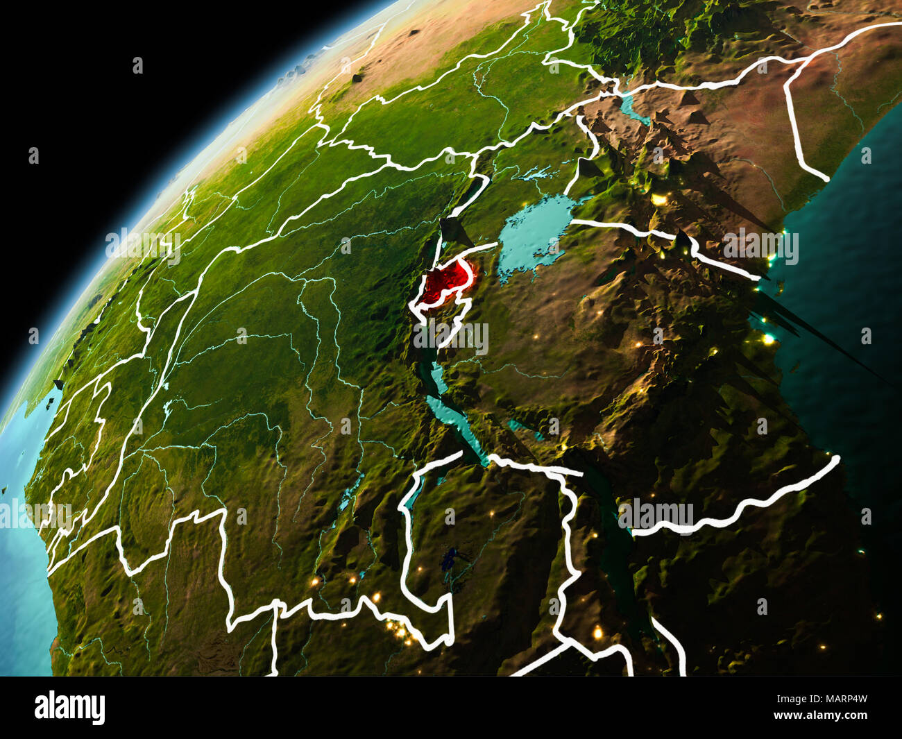Illustration of Rwanda as seen from Earth’s orbit in late evening with ...