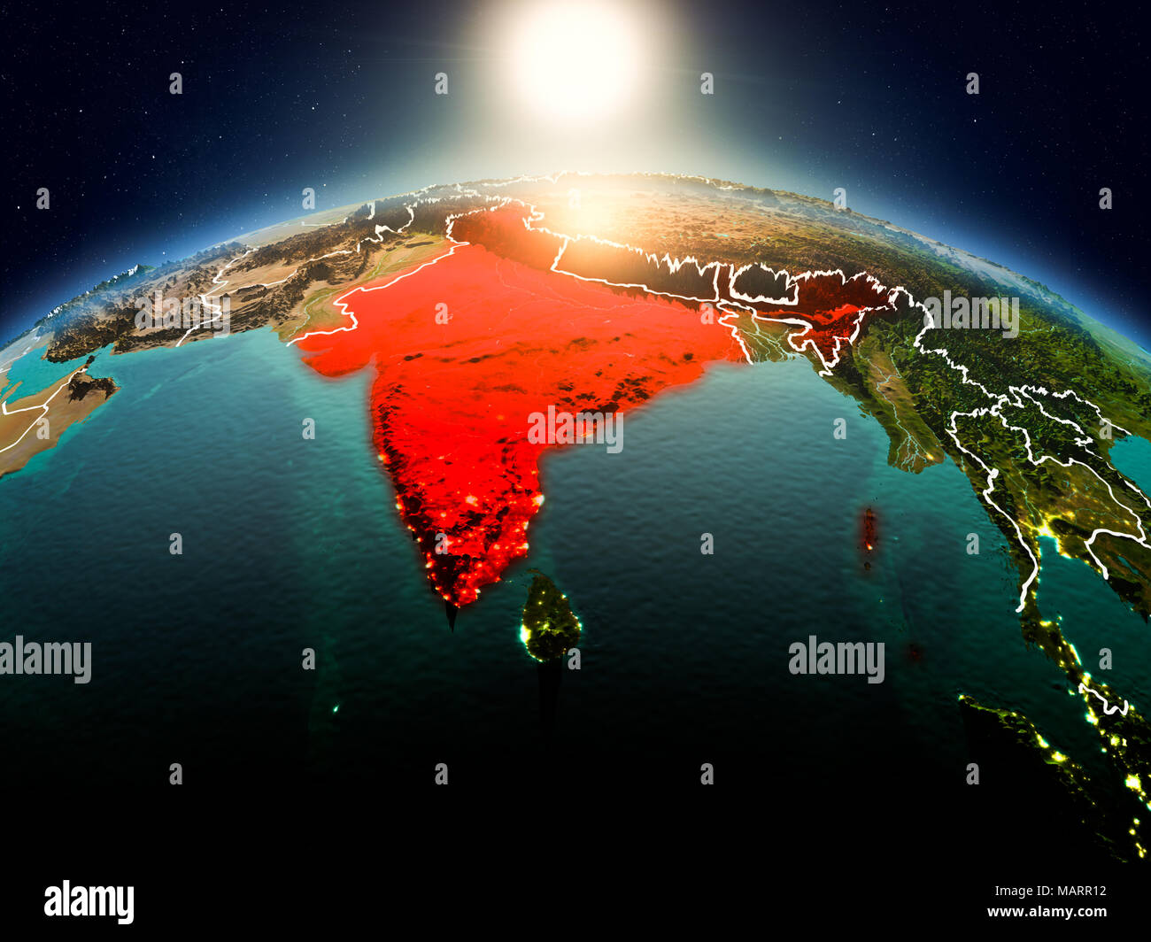 India Highlighted On World Map Hi Res Stock Photography And Images Alamy Sunrise Above India Highlighted In Red On Model Of Planet Earth In Space With Visible Country Borders 3d Illustration Elements Of This Image Furnish MARR12 