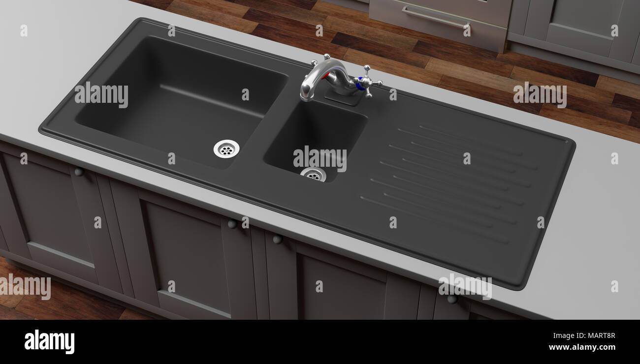 Kitchen cabinets with black sink and water tap, wooden floor, prespective view from above. 3d illustration Stock Photo
