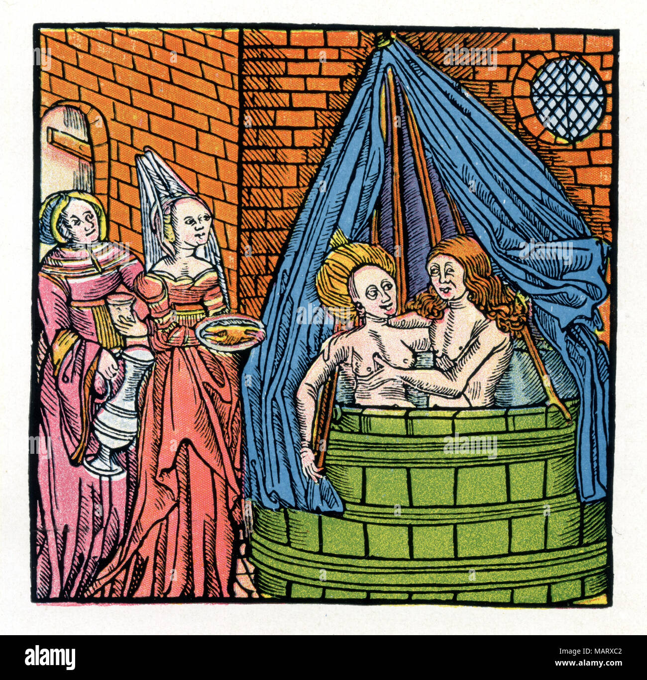 Couple in bath tub. Bath scene as a calendar vignette, Renaissance, Stock Photo
