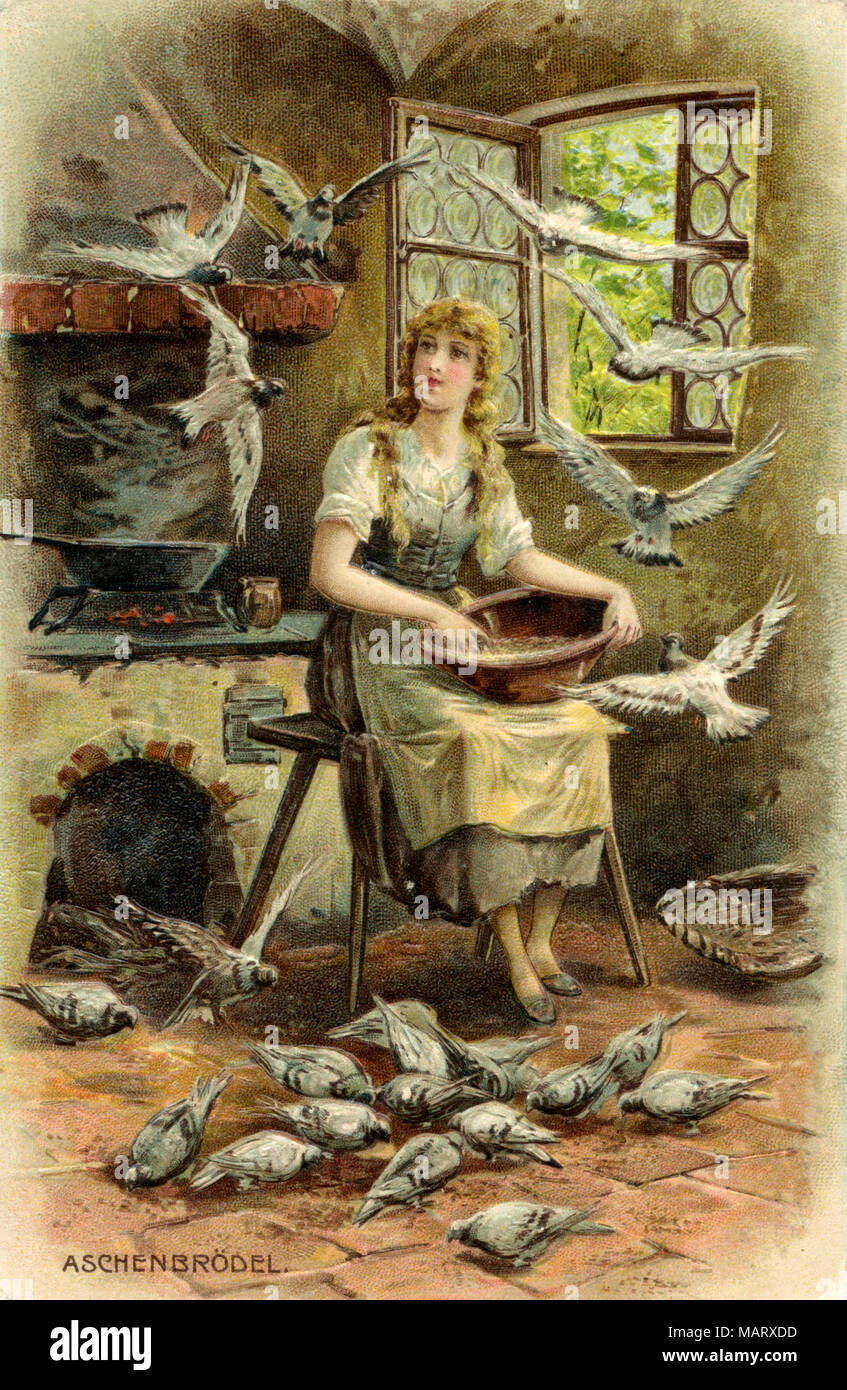 Cinderella with the pigeons that will help her with the lentils, Stock Photo