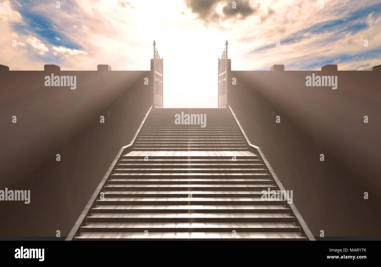 A depiction of the pearly gates of heaven open with the bright side contrasting with the duller foreground and a stairway leading up to it - 3D render Stock Photo