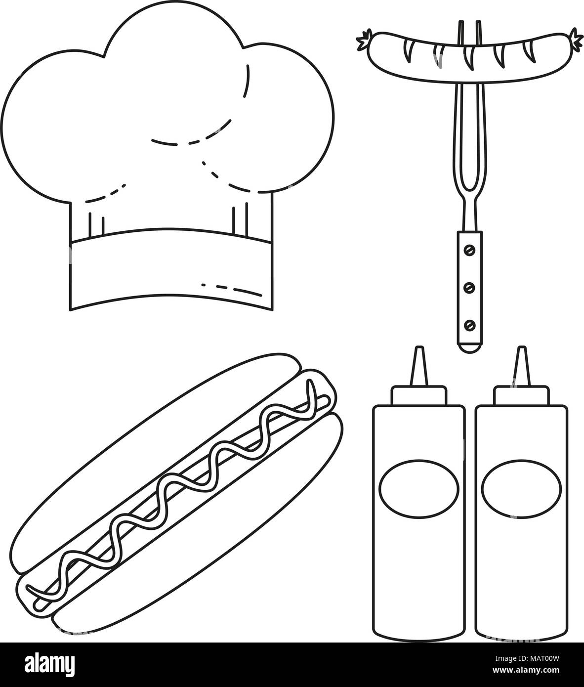 Line art black and white hot dog cooking set. Food themed vector illustration for gift card certificate sticker, badge, sign, stamp, logo, label, icon Stock Vector