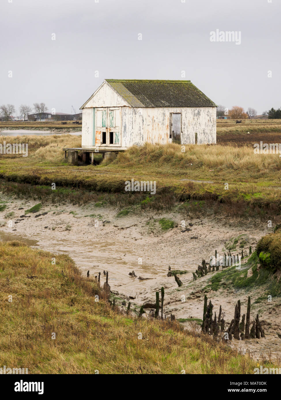 Boat  House on the River Roach at Wallasea in Essex Stock Photo