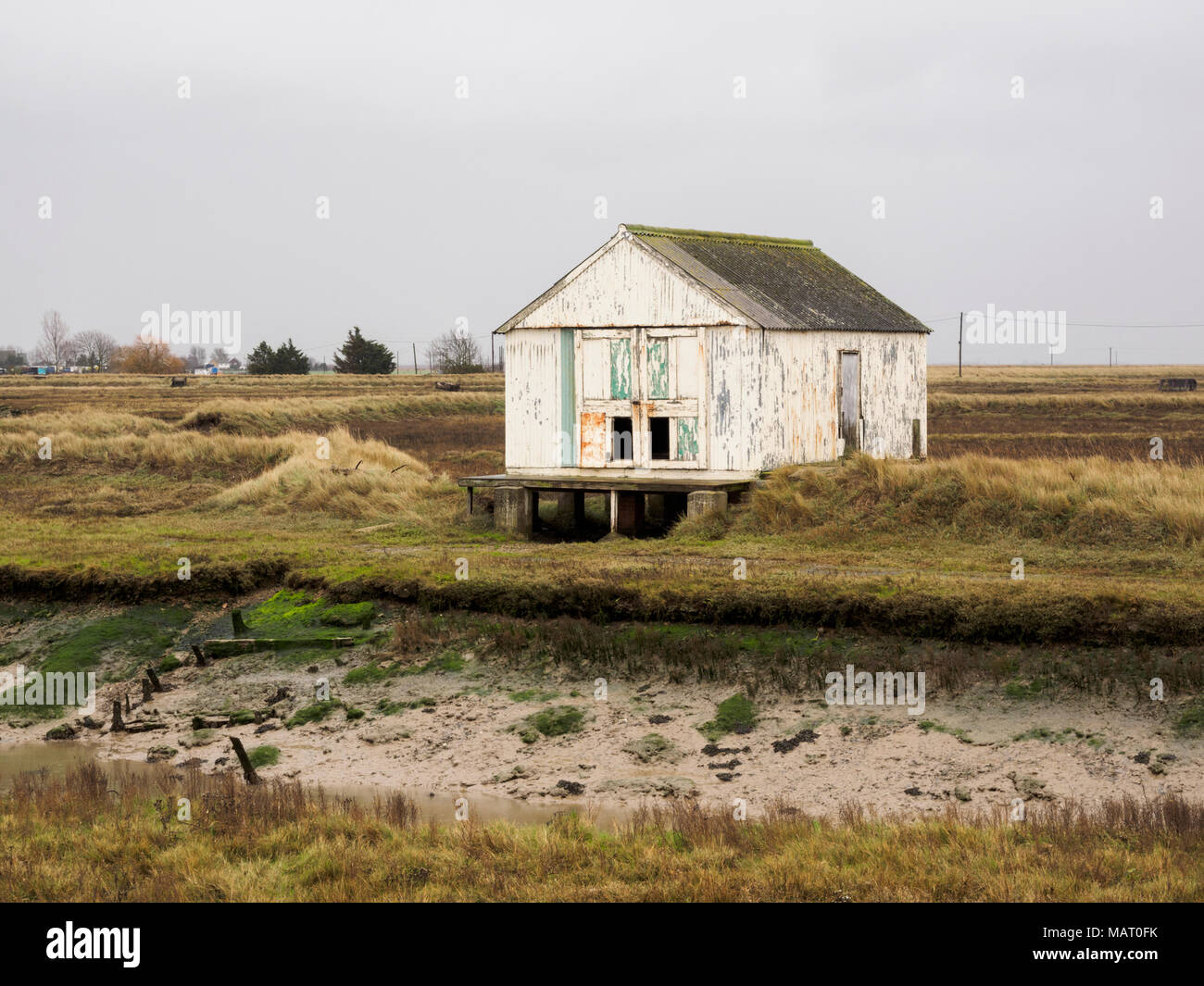 Boat  House on the River Roach at Wallasea in Essex Stock Photo