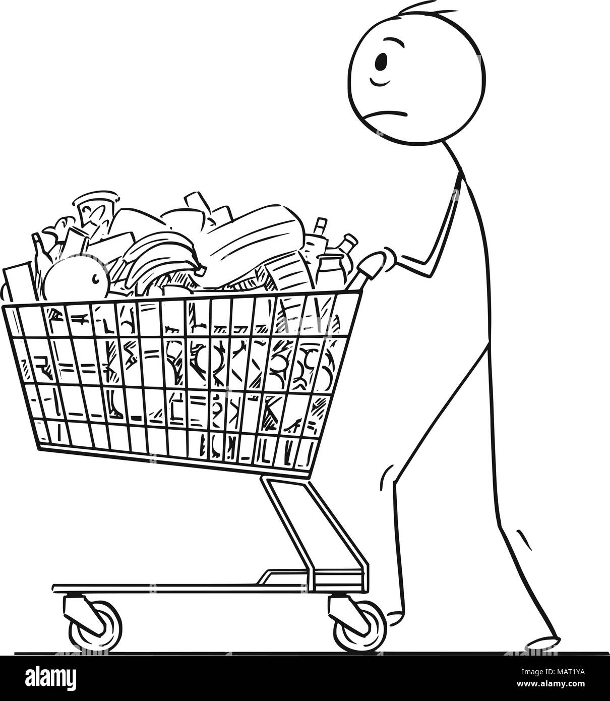 Cartoon of Tired Man or Businessman Pushing Shopping Cart Full of Goods