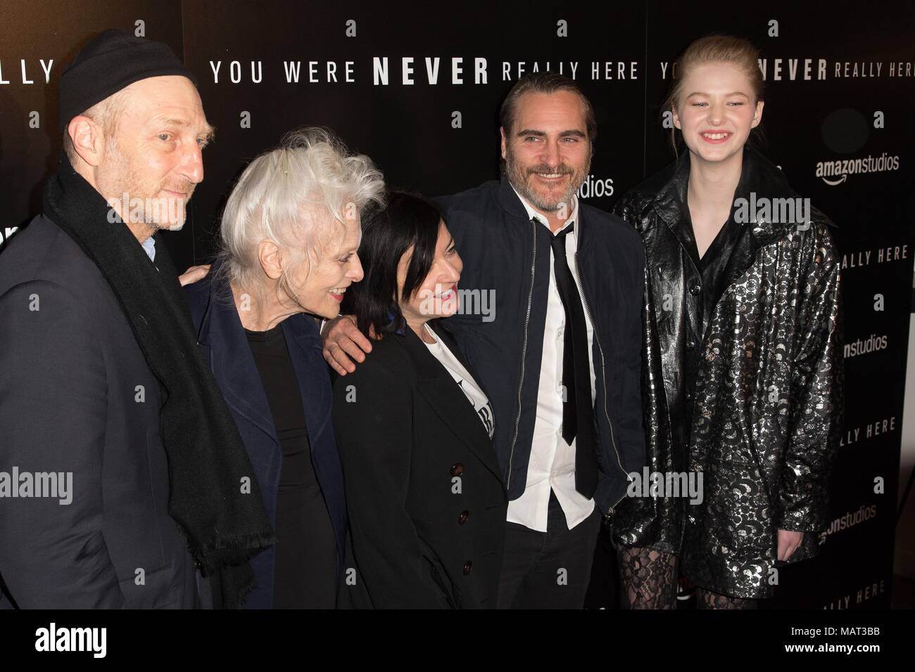 New York, NY, USA. 3rd Apr, 2018. Jonathan Ames, Judith Anna Roberts, Lynne Ramsay, Joaquin Phoenix, Ekaterina Samsonov at arrivals for YOU WERE NEVER REALLY HERE Premiere, Metrograph, New York, NY April 3, 2018. Credit: Jason Smith/Everett Collection/Alamy Live News Stock Photo