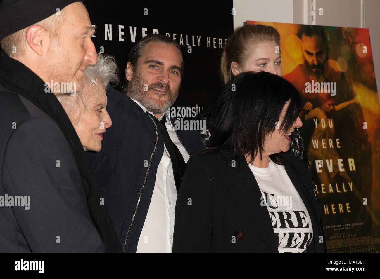 New York, NY, USA. 3rd Apr, 2018. Jonathan Ames, Judith Anna Roberts, Lynne Ramsay, Joaquin Phoenix, Ekaterina Samsonov at arrivals for YOU WERE NEVER REALLY HERE Premiere, Metrograph, New York, NY April 3, 2018. Credit: Jason Smith/Everett Collection/Alamy Live News Stock Photo