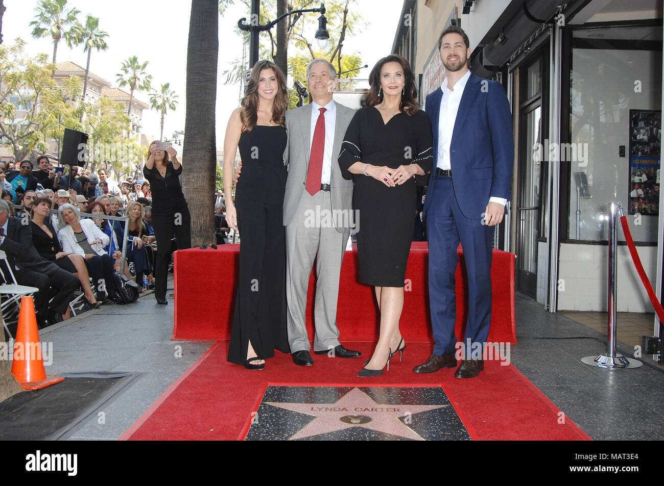 Los Angeles, CA, USA. 3rd Apr, 2018. Lynda Carter, family at the induction ceremony for Star on the Hollywood Walk of Fame for Lynda Carter, Hollywood Boulevard, Los Angeles, CA April 3, 2018. Credit: Michael Germana/Everett Collection/Alamy Live News Stock Photo