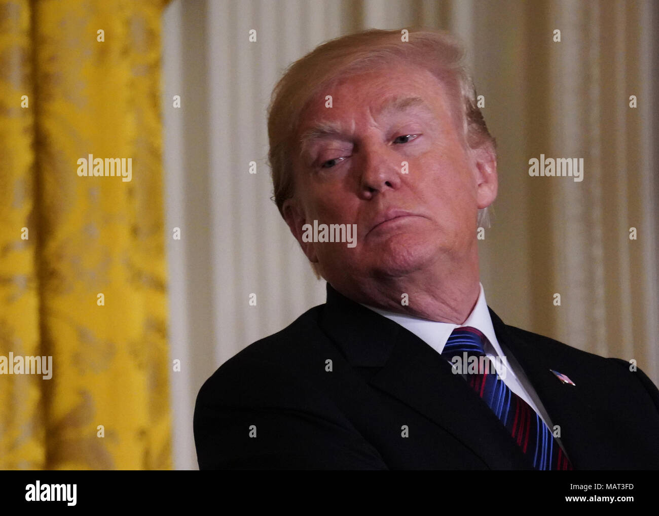 Washington, USA. 3rd April, 2018. President Donald Trump participates in a press conference with leaders of the Baltic states on April 3, 2018.   Photo by Dennis Brack Credit: Dennis Brack/Alamy Live News Stock Photo
